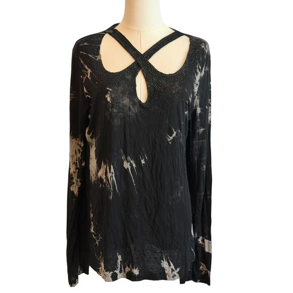 VTG Y2k VOCAL Top Womens Large Black Tie Dye Rhinestone Grunge Whimsigoth Punk - Picture 1 of 8